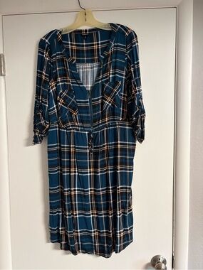 Torrid Plaid Midi Dress Size 0 (Large) Teal Button Front Roll Tab Sleeves